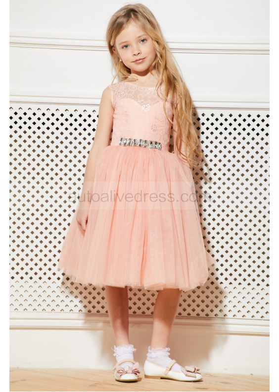 Nude Pink Lace Tulle Keyhole Corset Back Flower Girl Dress